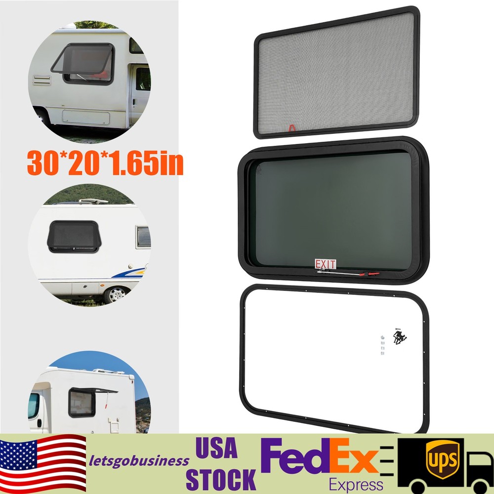 30"x20" RV Exit Window w/Screen & Trim Ring Tempered Glass Window Camper Trailer