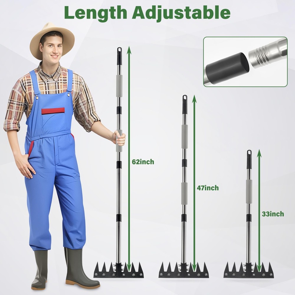 Weeding Rake Tool, Garden Weed Puller with Detachable Long Handle, 62 Inch He...