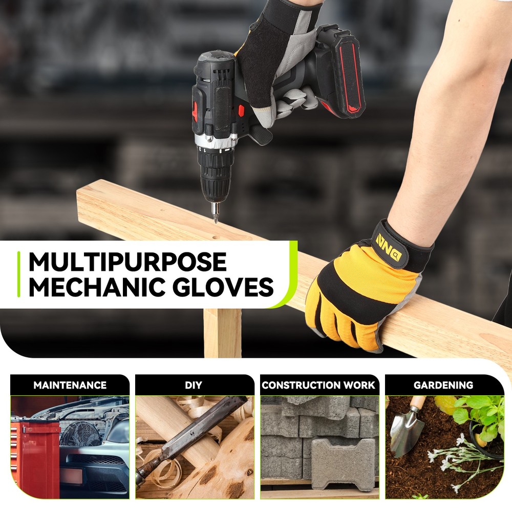 2 Pair Gray/Yellow Flexible Universal Multi-Purpose Utility Mechanic Work Gloves