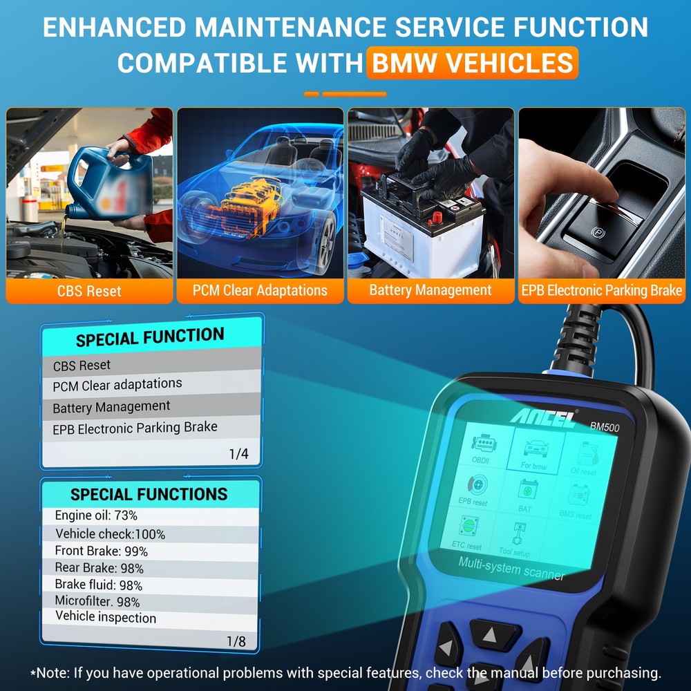 ANCEL BM500 OBD2 Scanner BMW MINI Battery Code Reader EPB SAS SRS TPMS Oil Reset