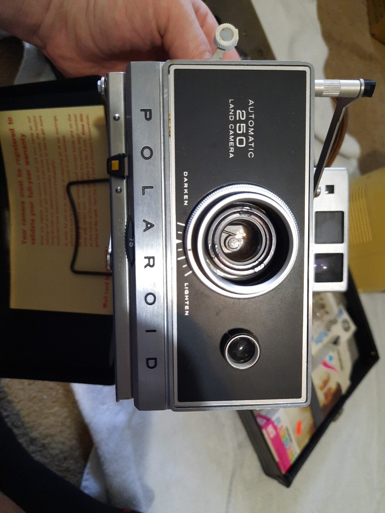 Vintage Polaroid Automatic 250 Land Camera with Case, Flash, Bulbs, Instructions
