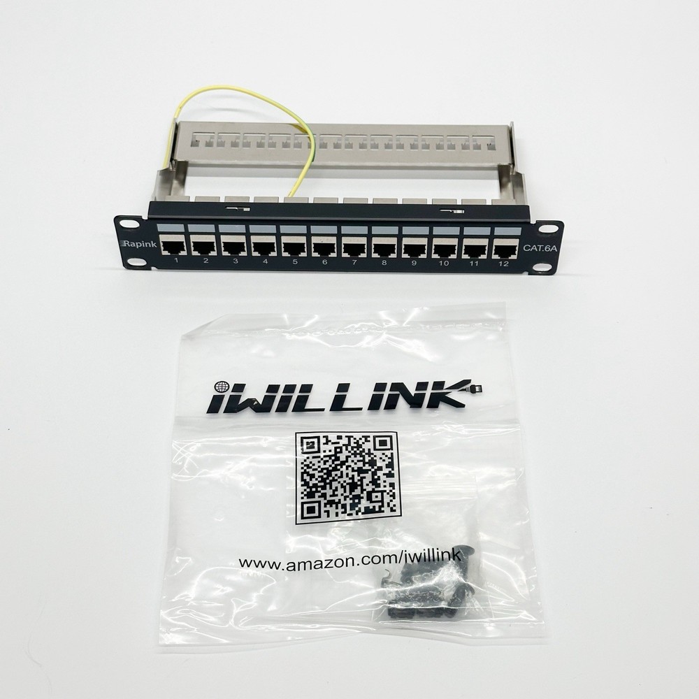 iwillink 10Gbps Cat6A Patch Panel 12 Port, Keystone Patch Panel with Back Bar