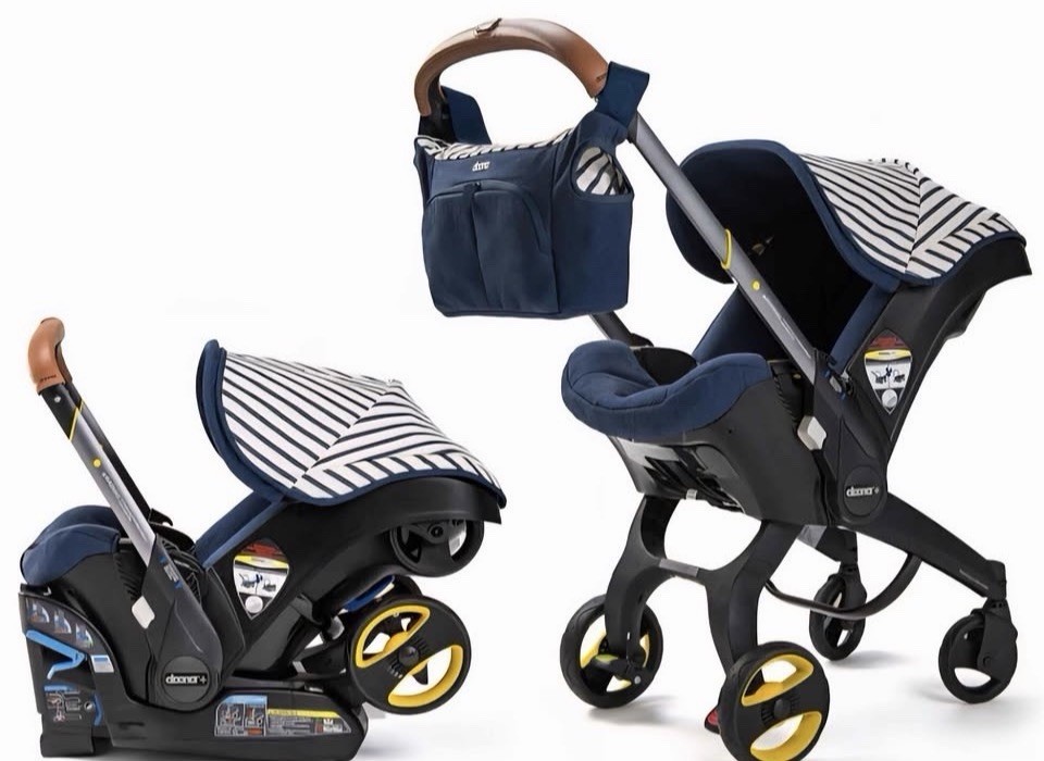 Doona Car Seat Stroller Navy Stripe Folding Adjustable Handle Yellow Wheels