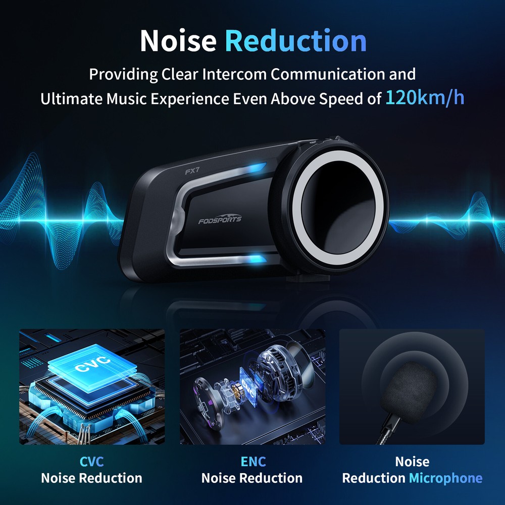 2x FX7 Motorcycle Intercom Headset Bluetooth Helmet 2km 10 Riders Communication