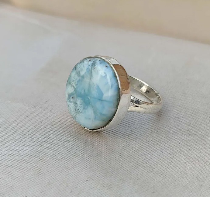 Solid 925 Sterling Silver Natural Round Larimar Gemstone Handmade Women's Ring