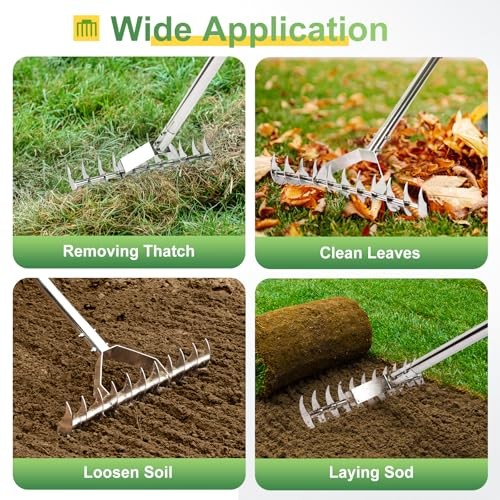 62" Thatch Rake, Adjustable Handle 15-Inch Wide Lawn Thatching Rake for