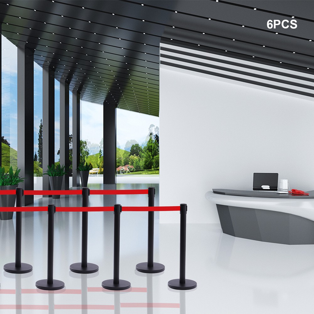 6PCS Black Stanchion Posts Queue Pole Retractable Belts Crowd Control Barrier