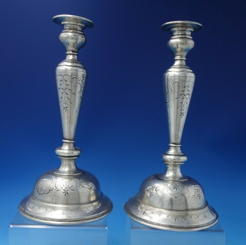Austrian .800 Silver Candlestick Pair Hand Engraved Flowers Rococo Design #5392