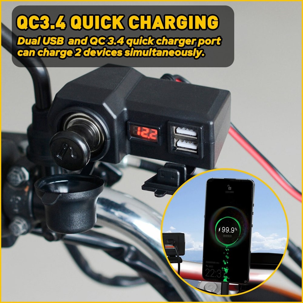 Phone USB Motorcycle Power Charger Cigarette Lighter Voltmeter Socket Waterproof