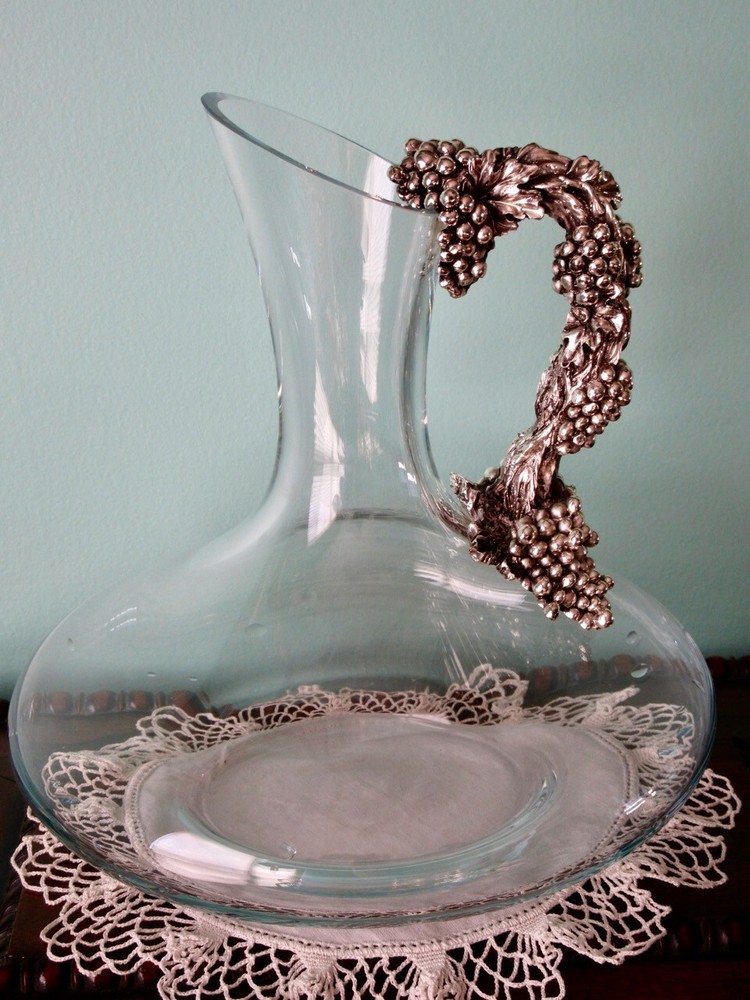 Wine Decanter Sterling Silver Grape Vine Handle Hand Blown Art Glass, Signed