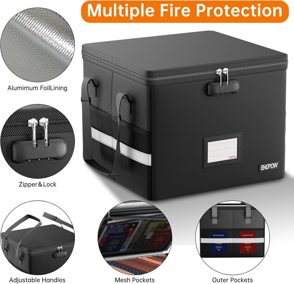 Lockable Fireproof File Box with Mesh Pockets - Protect Documents & Valuables