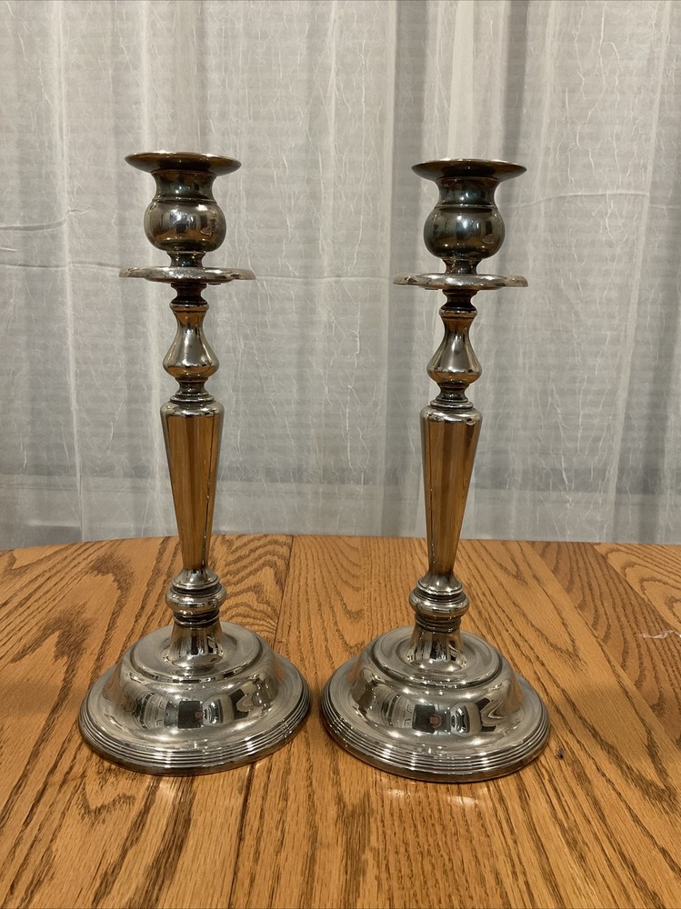 Silver Plated Candlesticks Pair 11.5 Inches Tall Round Base