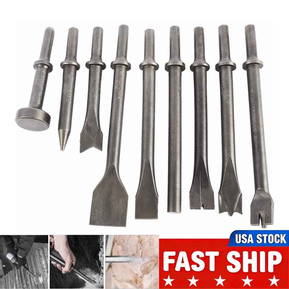 9Pcs Pneumatic Air Hammer Chisel Set 0.39" Shank Punch & Chipping Bits Tool #V