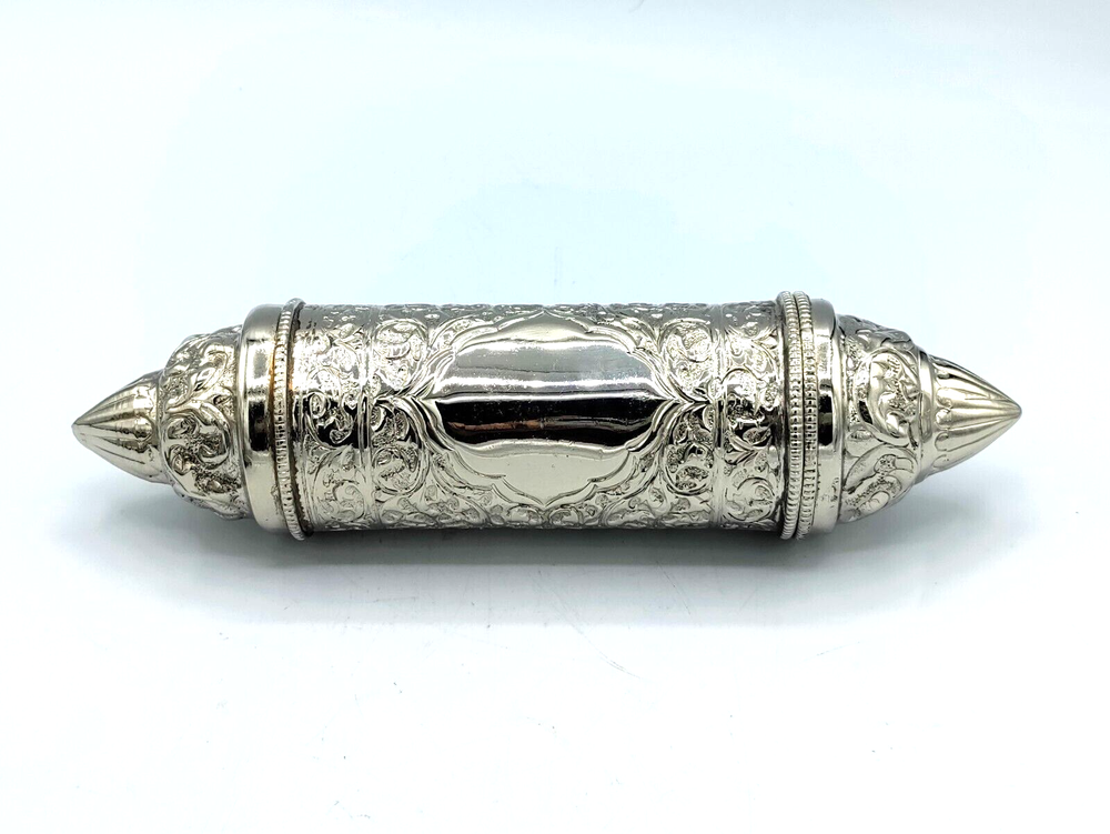 Prayer Scroll Secret Message Holder Silverplate Repousse Metalwork