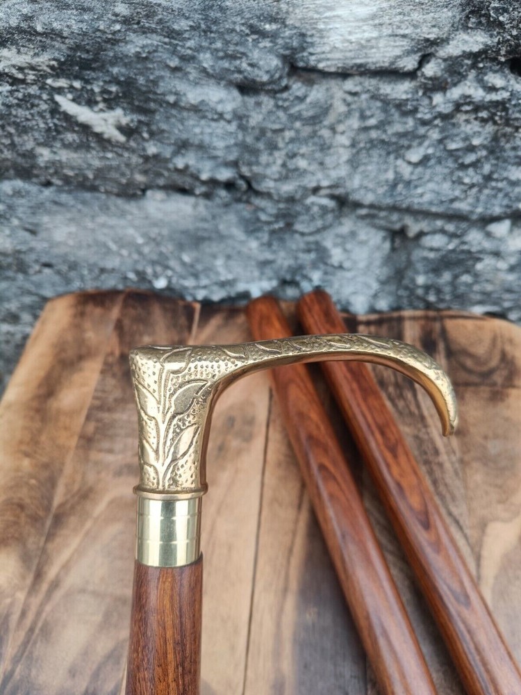 Solid Antique Brass Finished Derby Style Head Handle Wooden Walking Stick Gift