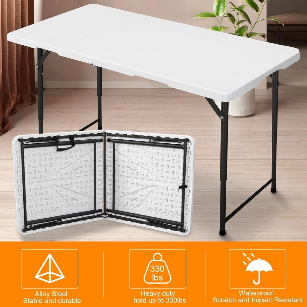 4ft Adjustable Height Utility Table - Durable HDPE & Steel Folding Table