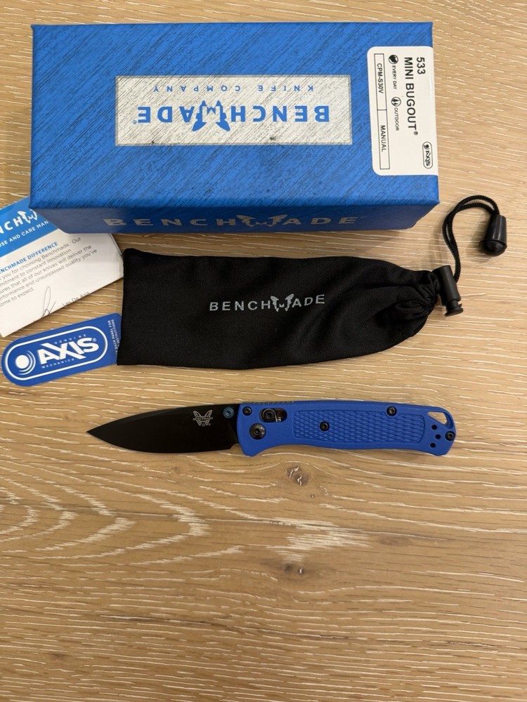 Benchmade 533 Mini Bugout Blue Grivory Handle Black Blade Folding Knife