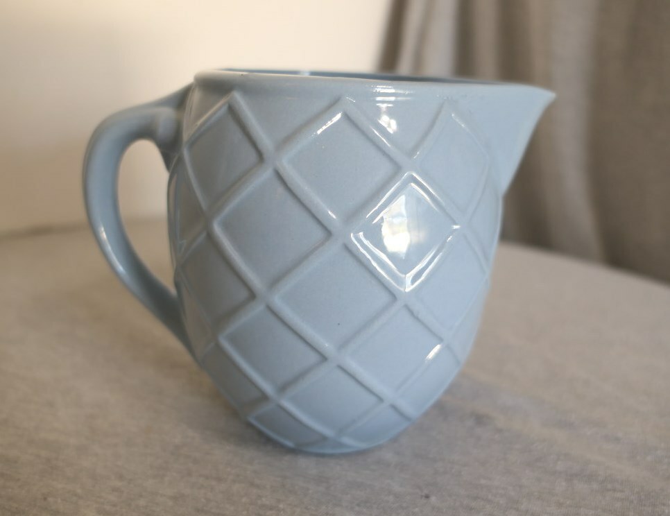 Vintage Blue Diamond Pattern Ceramic China Pitcher Made in USA