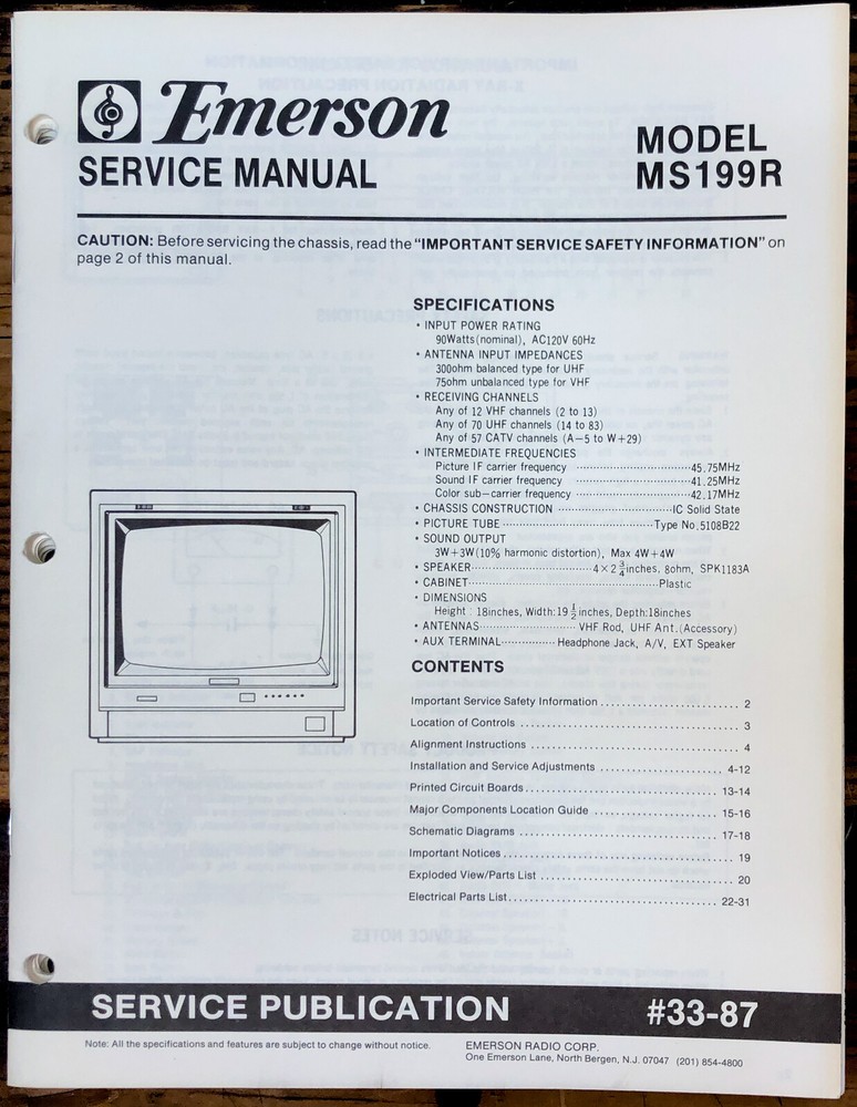 Emerson MS199R TV  Service Manual *Original*