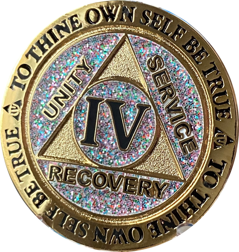 4 Year AA Medallion Funfetti Glitter Gold Sobriety Chip