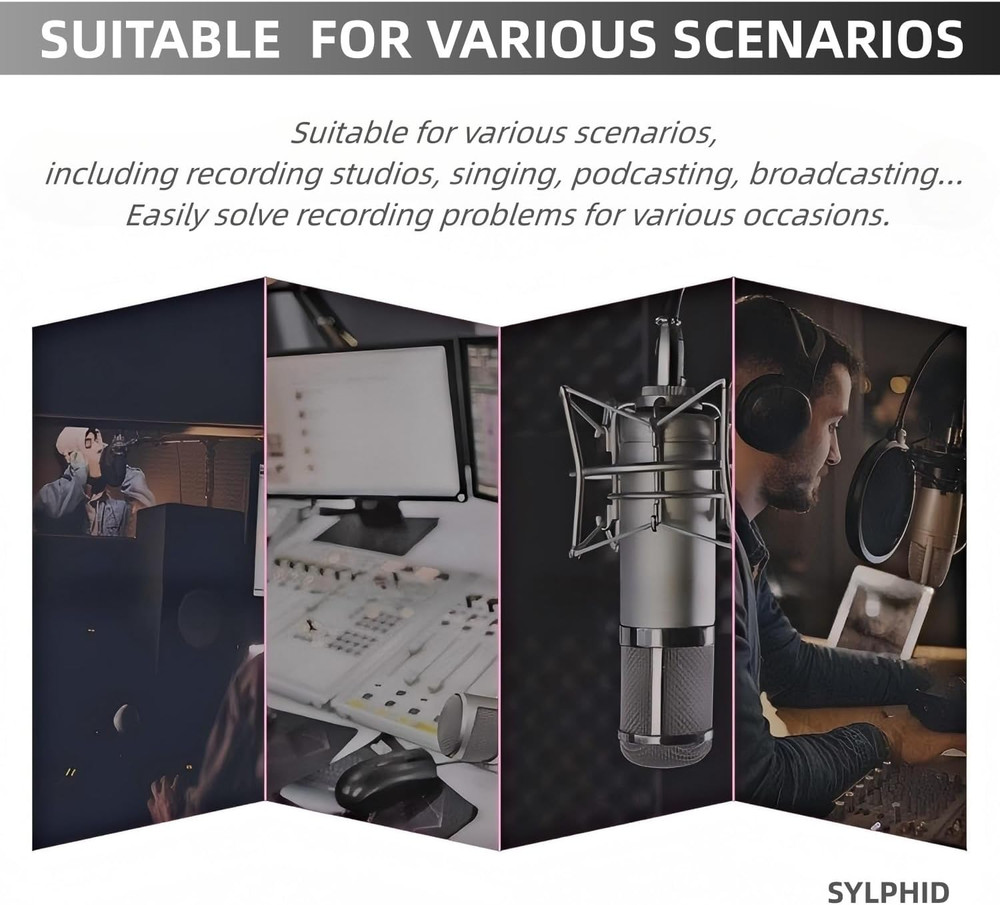 Microphone Isolation Shield with Pop Filter & Stand and Phone Clip, Foldable Tri