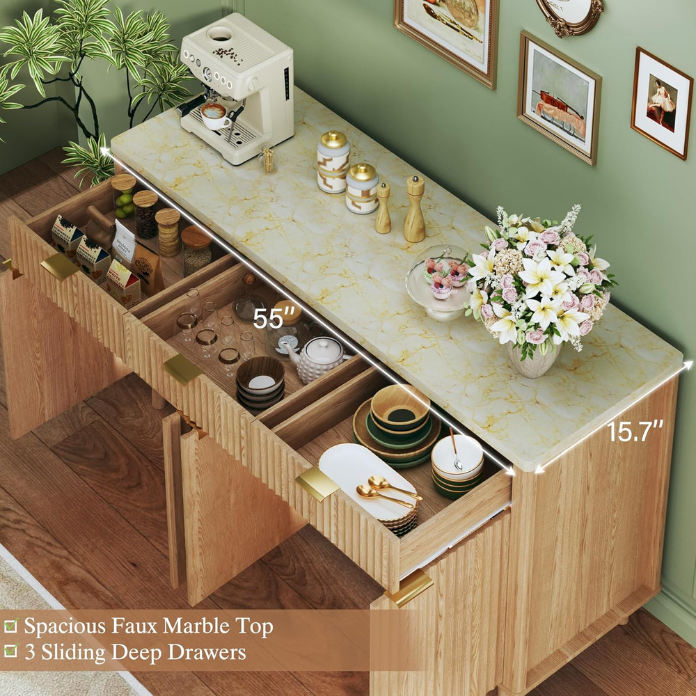 55" Fluted Buffet Cabinet with Storage, Large Sideboard Buffet Cabinet with 4 Do