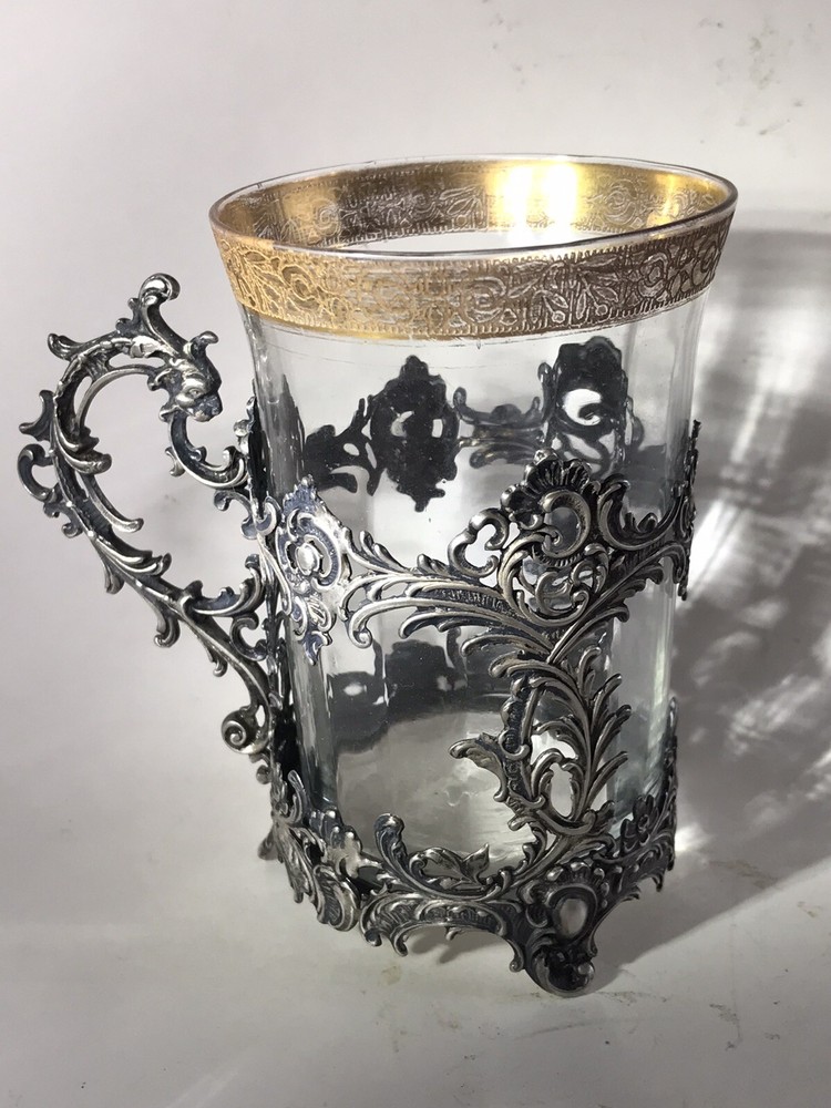 Antique Solid Silver 800 Tea Glass Holder With Glass