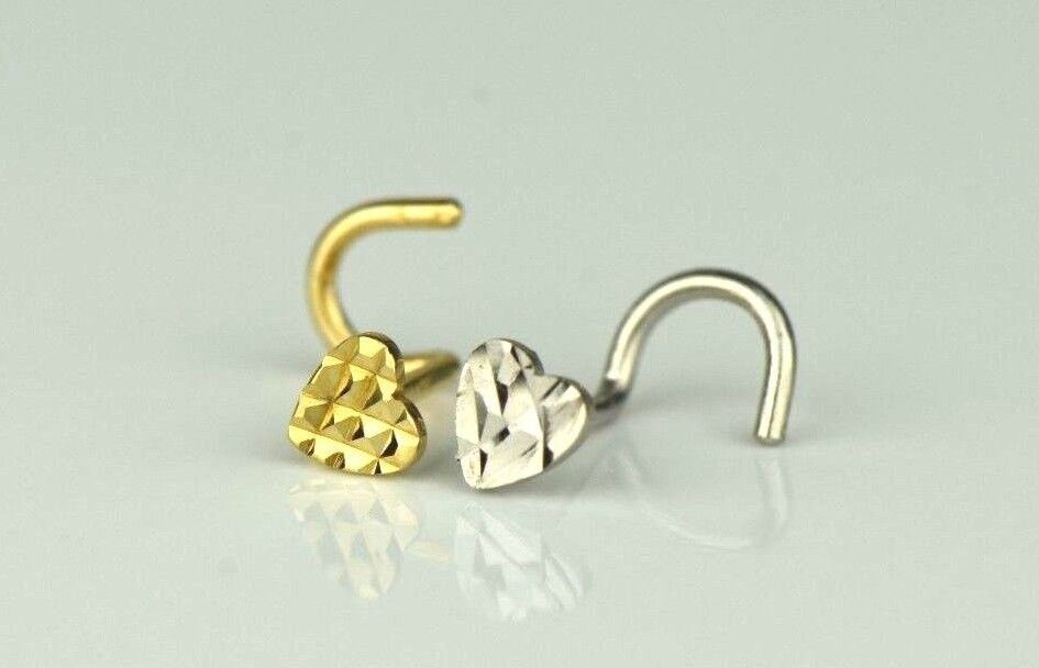 14k Yellow or White Gold Heart Nose Piercing Stud Diamond Cut