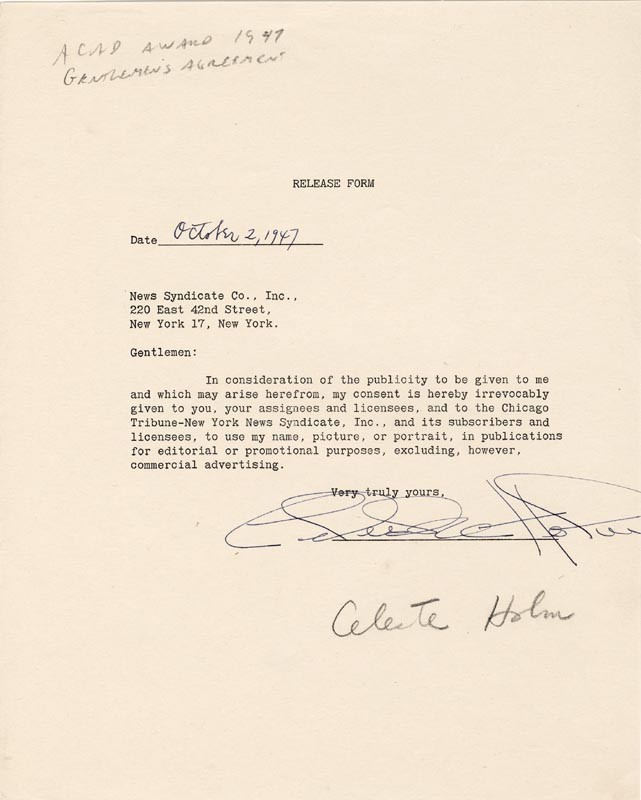 CELESTE HOLM - DOCUMENT SIGNED 10/02/1947