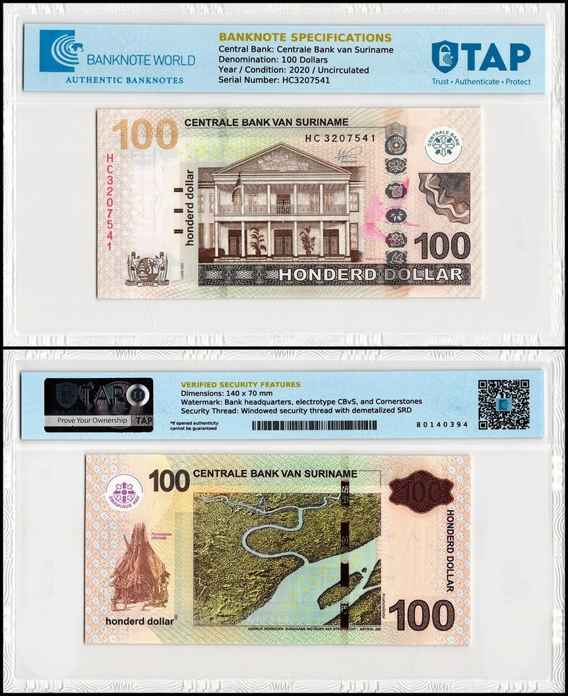 Suriname 100 Dollars, 2020, P-166e, UNC, Authenticated Banknote