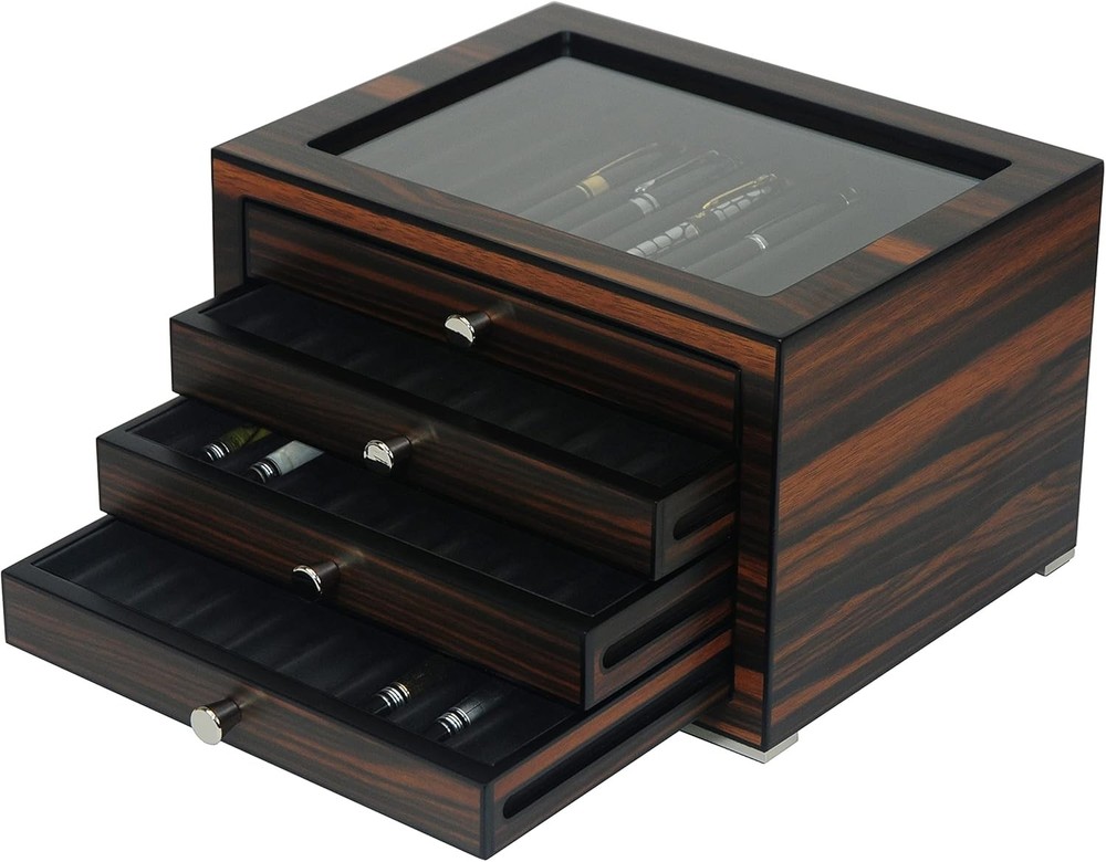 Stackable Wooden Display Case with Drawer – Slot Ebony Pen
