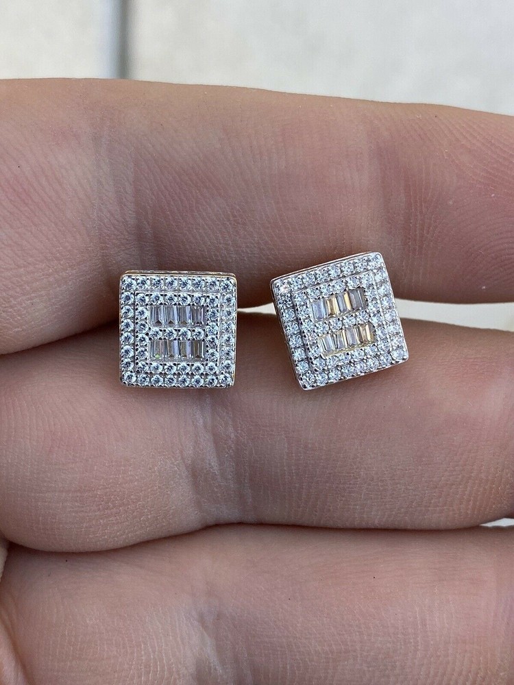 14k Gold Plated Solid Sterling Silver CZ Baguette Earrings Studs 10mm Square
