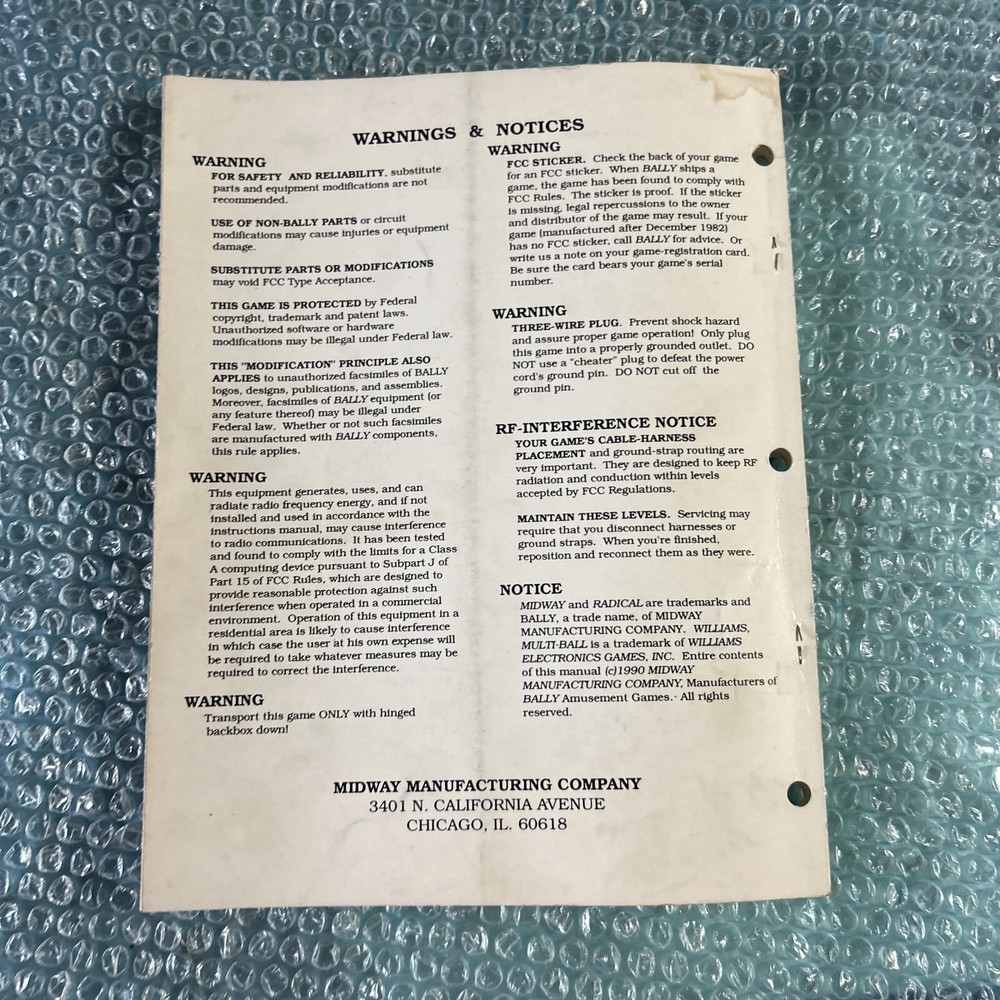 original Radical Bally ￼ pinball MACHINE manual Arcade Game