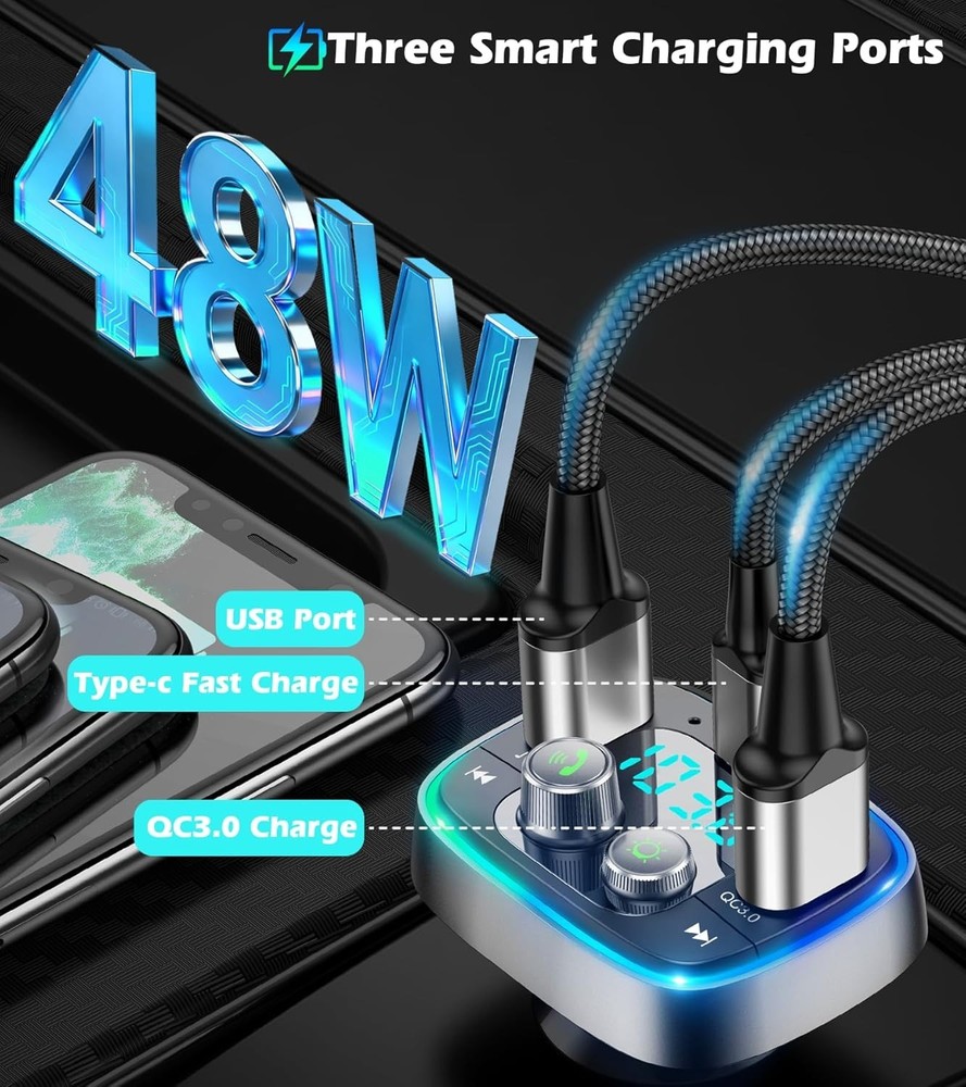 Wireless Bluetooth Car Adapter with 48W Charging & Hands-Free Calling Excellence