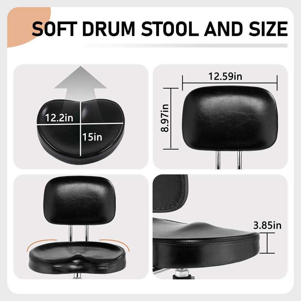 Drum Throne with Backrest,Heavy Duty Adjustable Drum Seat Saddle & 5A Drumsticks