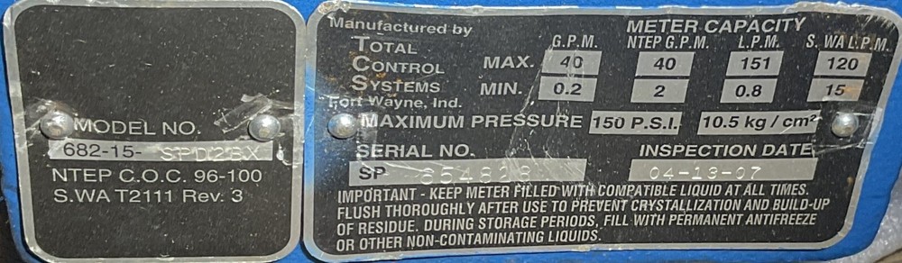TOTAL CONTROL SYSTEMS 682-15-SPD2BX Piston Positive Displacement Flow Meter