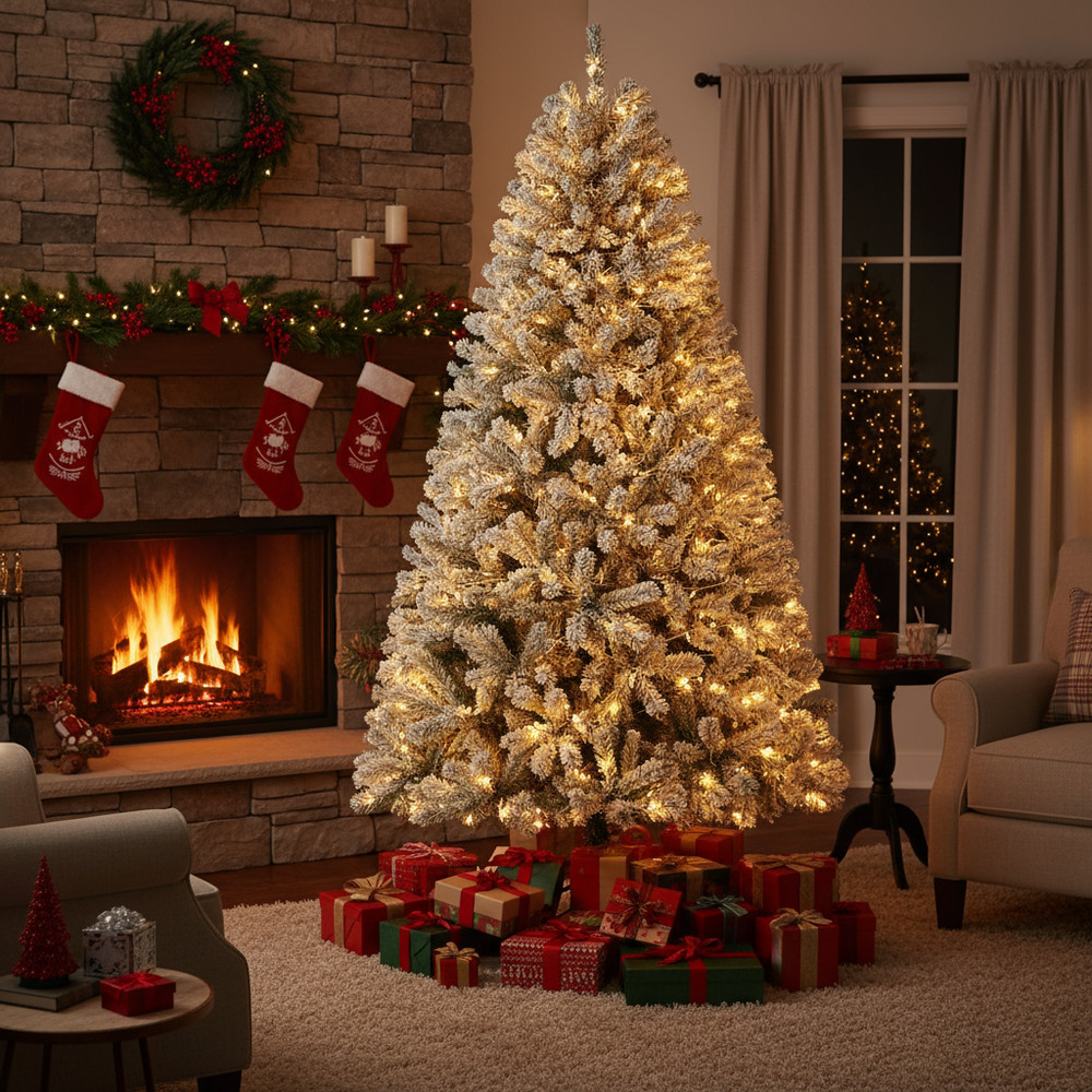 6ft Pre-lit Artificial Flocked Christmas Tree w/8 Adjustable Flash Rate Modes US