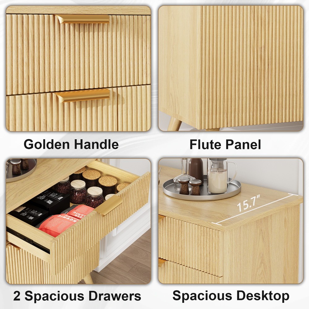 Kitchen Storage Cabinet with Drawers and Doors, Modern Fluted Sideboard Buffet