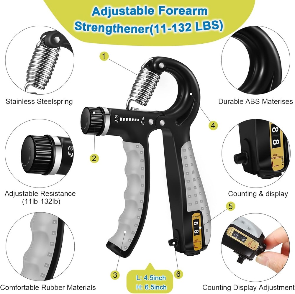 Grip Strength Trainer Kit 6 Pack with Finger Exerciser, Hand black grey