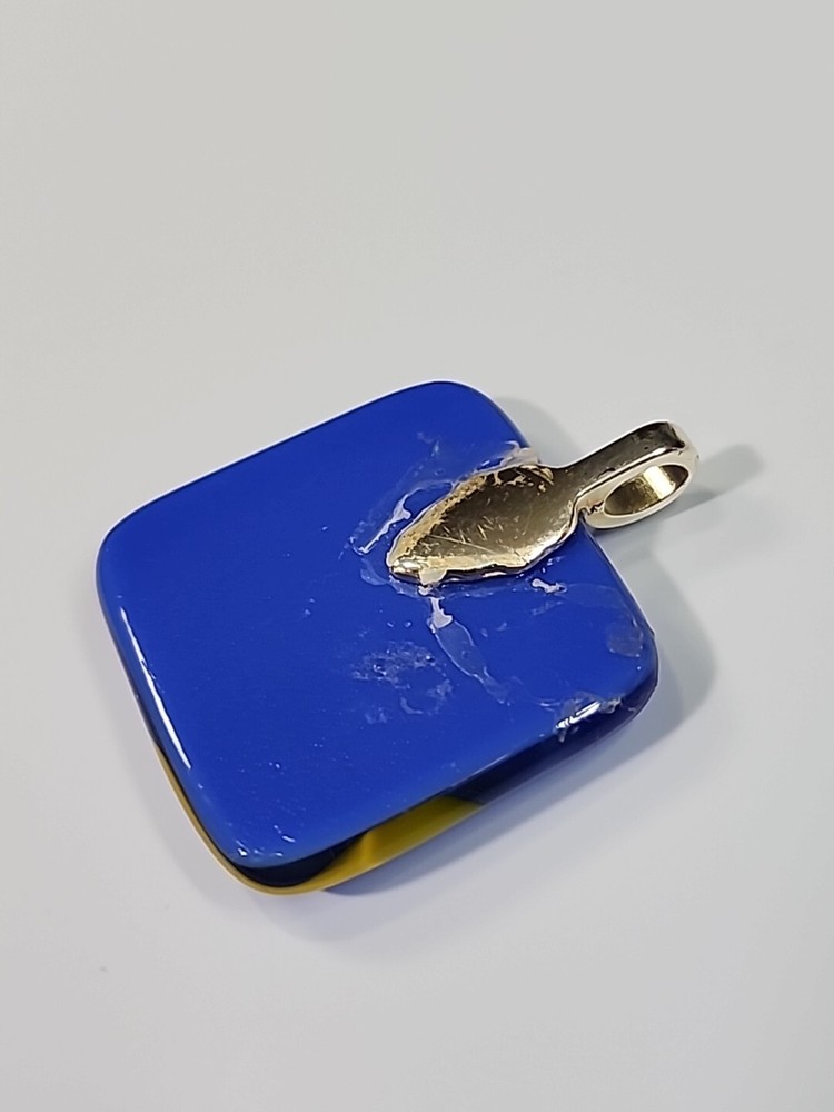 Art Glass Pendant Blue & Yellow Square Shape 1.75"