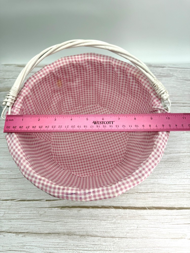 White Round Willow Woven Basket Pink Gingham Liner w/ Folding Drop-Down Handle