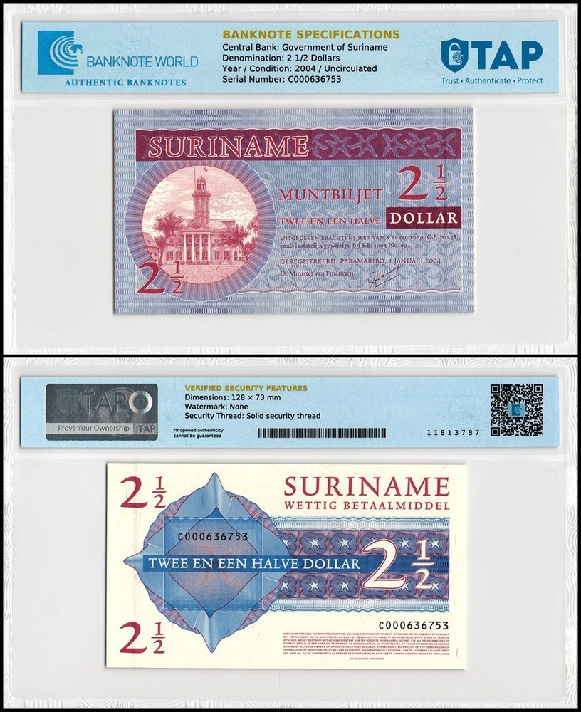 Suriname 2 1/2 Dollars, 2004, P-156, UNC, Authenticated Banknote