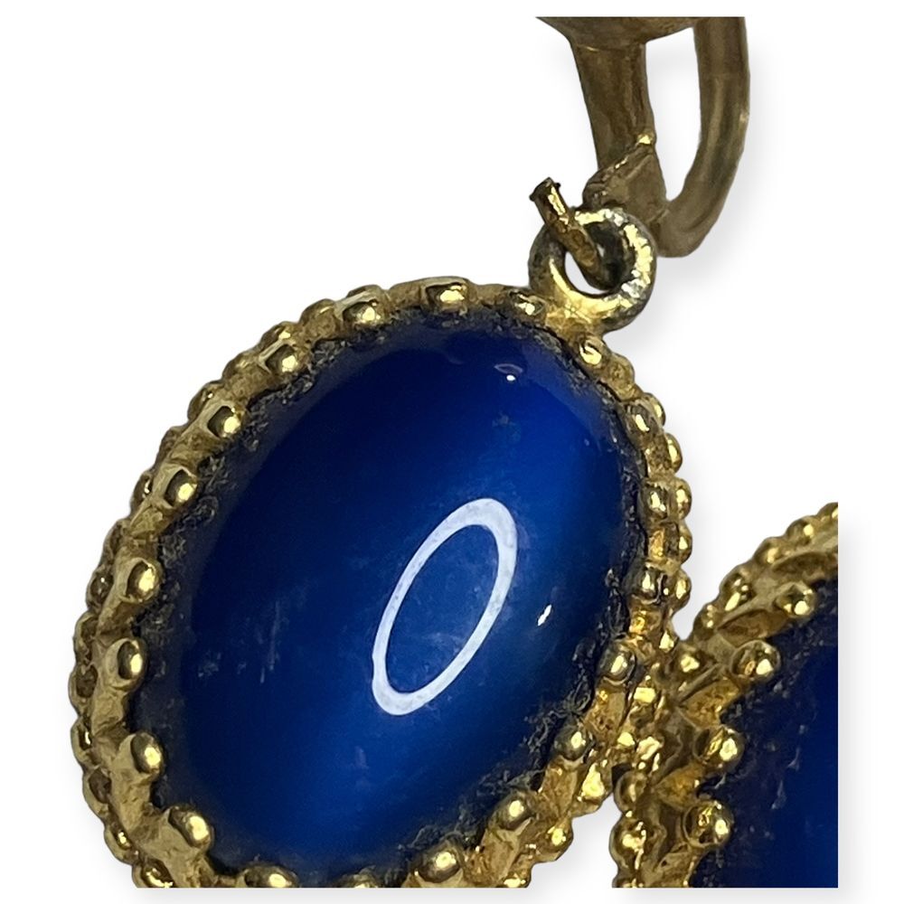 Blue Cabochon Screw Back Gold Tone Crown Setting Oval Dangle 1.25" Earrings