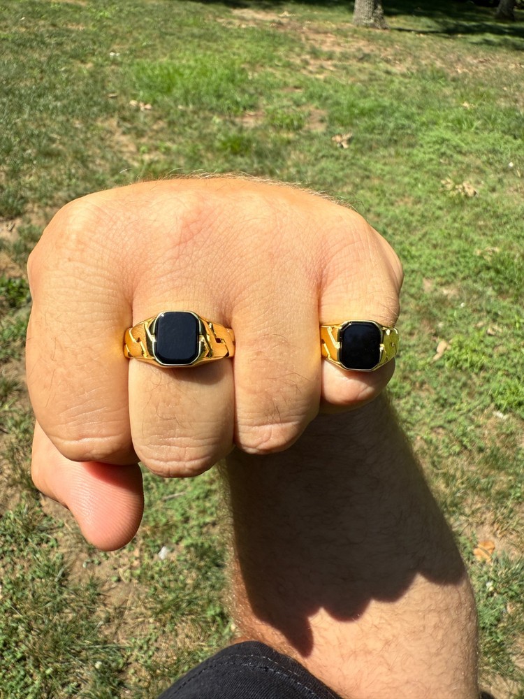 Real Black Onyx Gemstone Mens Solid 14k Gold Over 925 Silver Cuban Link Ring