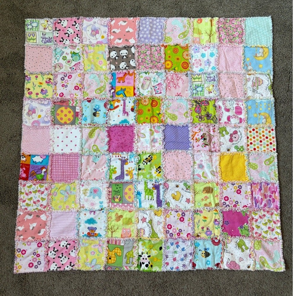 Handmade Multicolored Baby Double Sided Patchwork Quilt Blanket 37x38