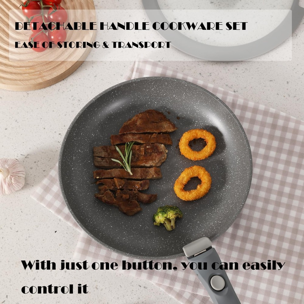 Gray Non Stick Pot and Pan Set with Removable Handle, Ceramic Cookware Set De...