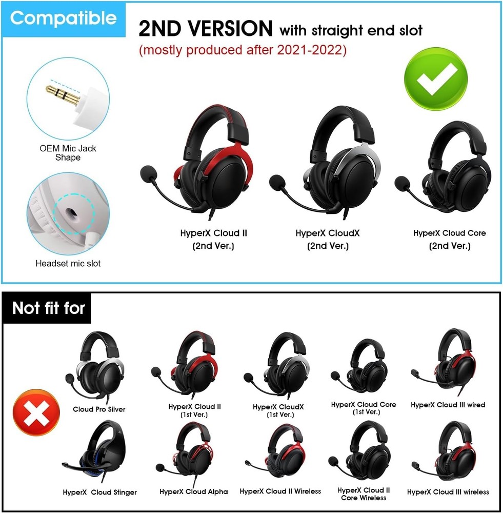 Plug & Play Noise-Cancelling Mic for HyperX Cloud II/Core 2nd Gen Post-2021