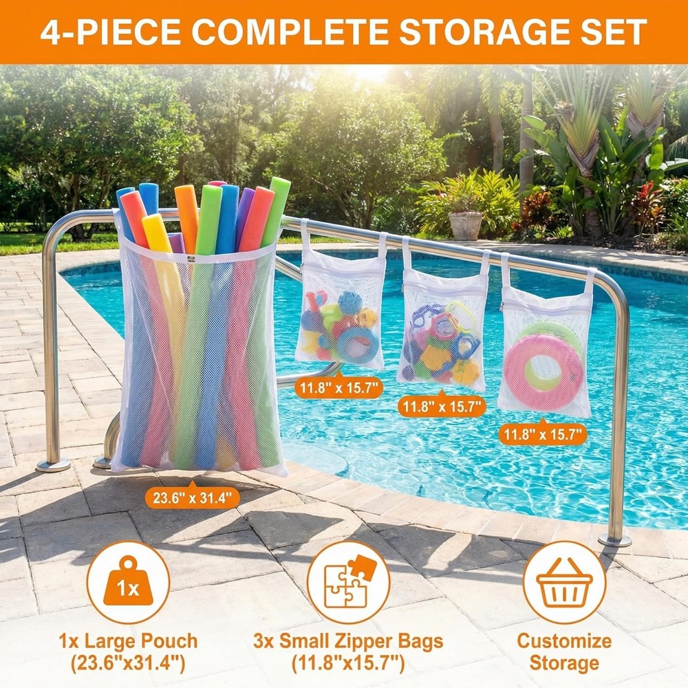Poolside Mesh Storage Bags 4-Pack Toy Noodle Float Organization Durable Polye...