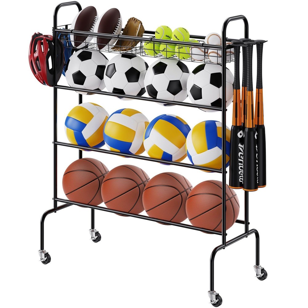 4-Layer Steel Ball Rack w/ 4 Locking Casters 3 Hooks & 2 Removable Baskets
