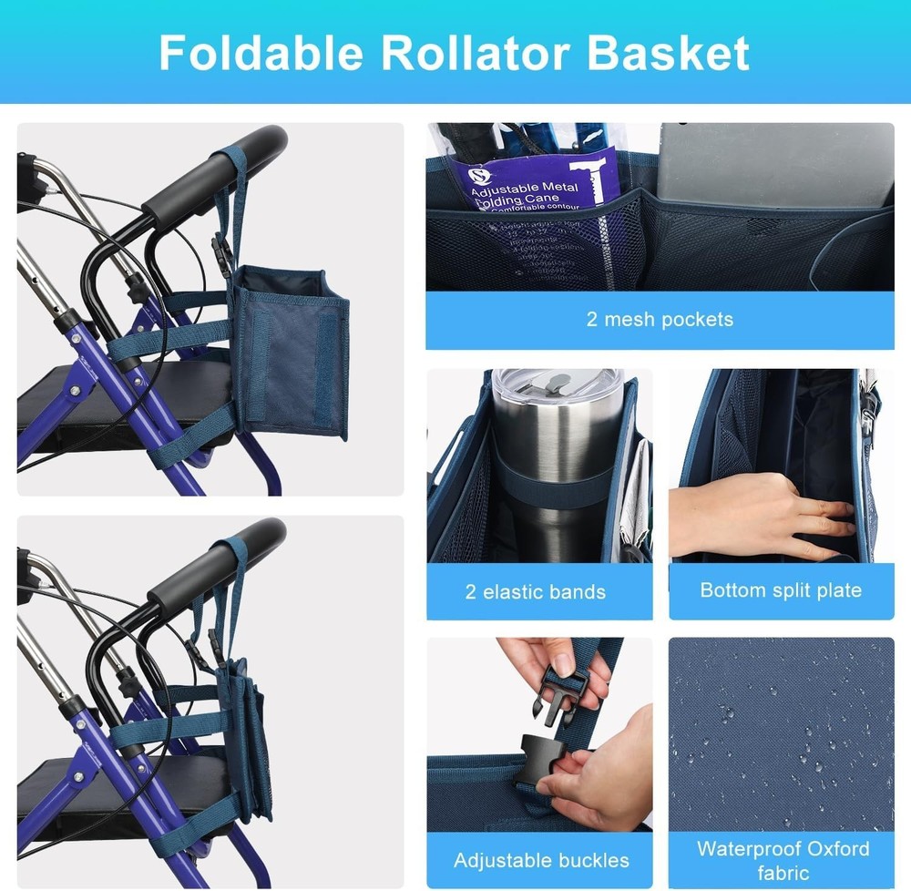 Rollator Basket, Rollator Walker Bag w/Cup Holder, Foldable Rolling Walker Wa...